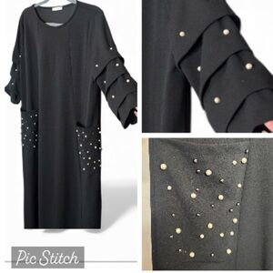 #445 (Jomana Fashion) Elegant Black Ruffled Dress with Pearl Accents - Large